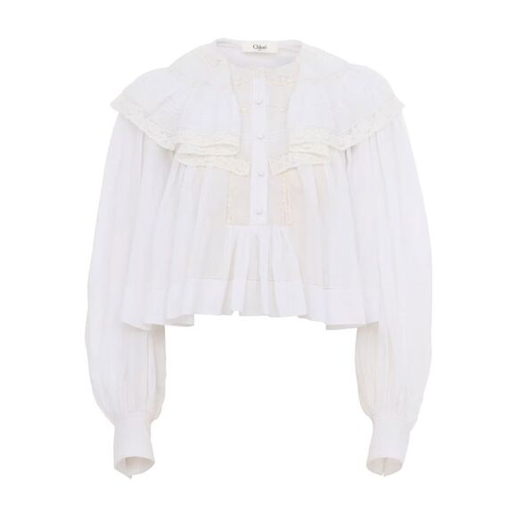 CHLOE Handbags - Chloe Women Cotton Voile And Lace Cropped Ruffle Top